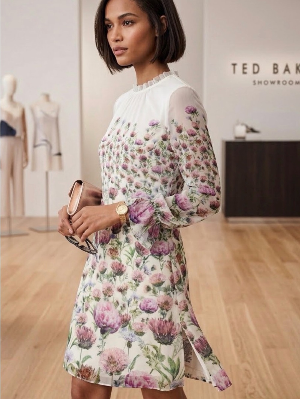 Like New Ted Baker White Floral Long-Sleeve Shift Dress size 0